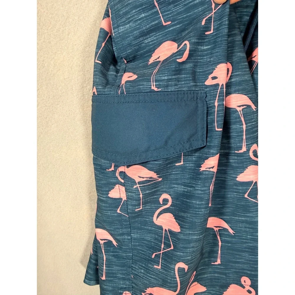 Mens Pink Flamingo Board Shorts Navy Blue Mesh Lined Swim Trunks Size Large‎